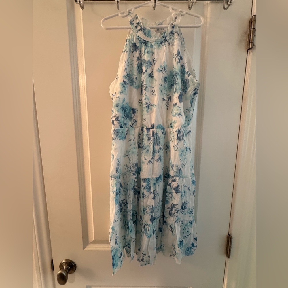 Girls Floral Halter Dress in Blue and White size 12